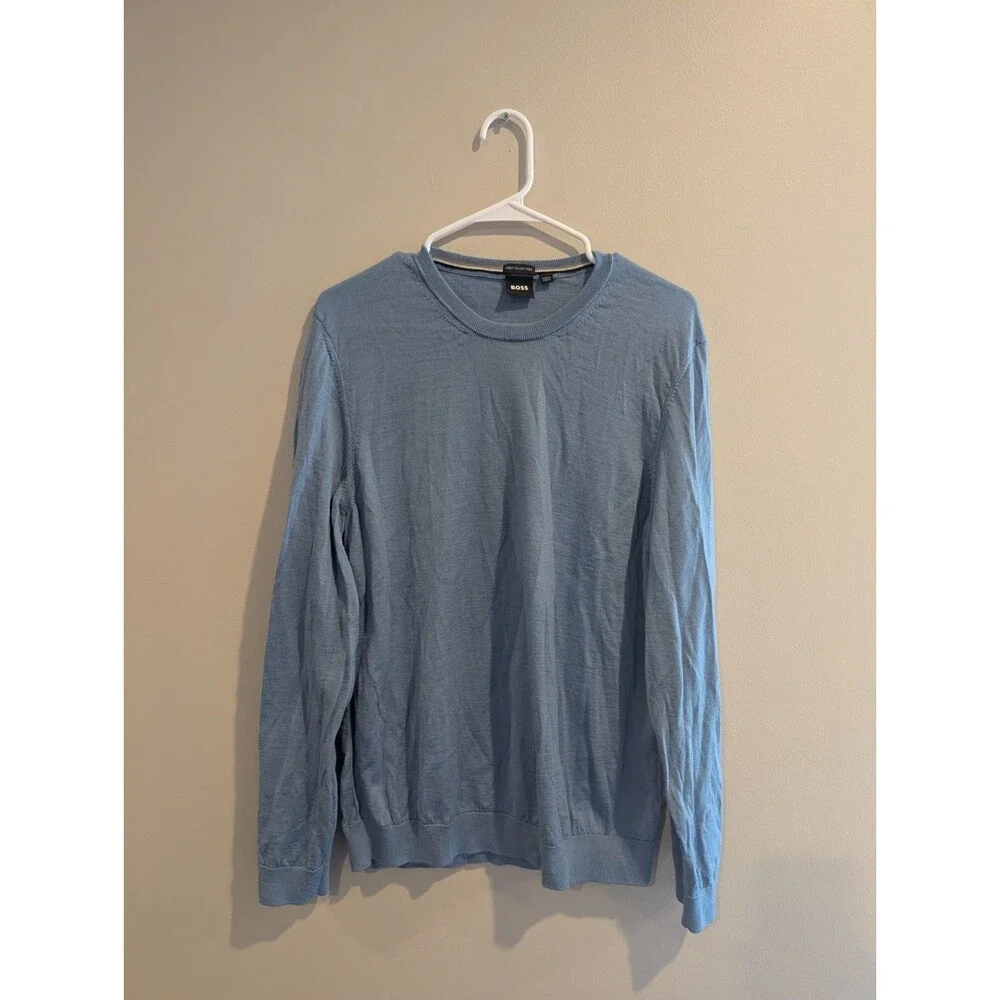 HUGO BOSS Men's XL Blue Italian 100% Virgin Wool Crewneck Sweater NWOT Office